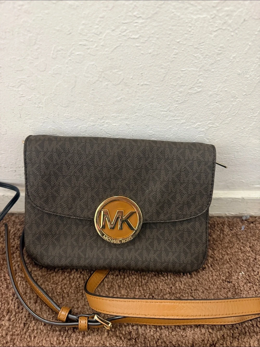 Michael Kors Brown Logo Crossbody with Tan Strap and Gold MK Medallion